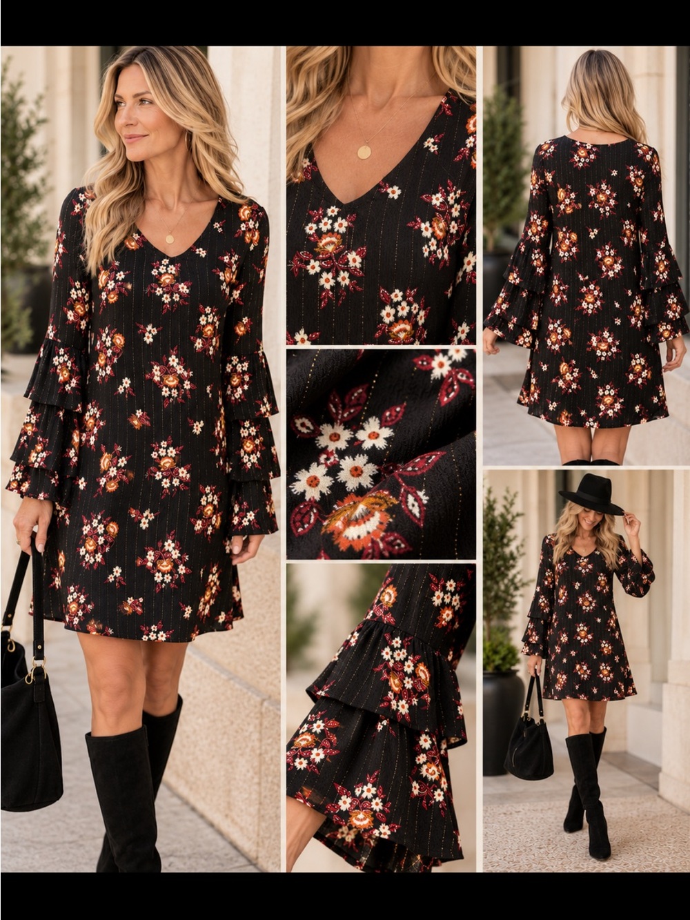 Xhilaration Black Floral Tiered Bell Sleeve Mini Dress – Size Small